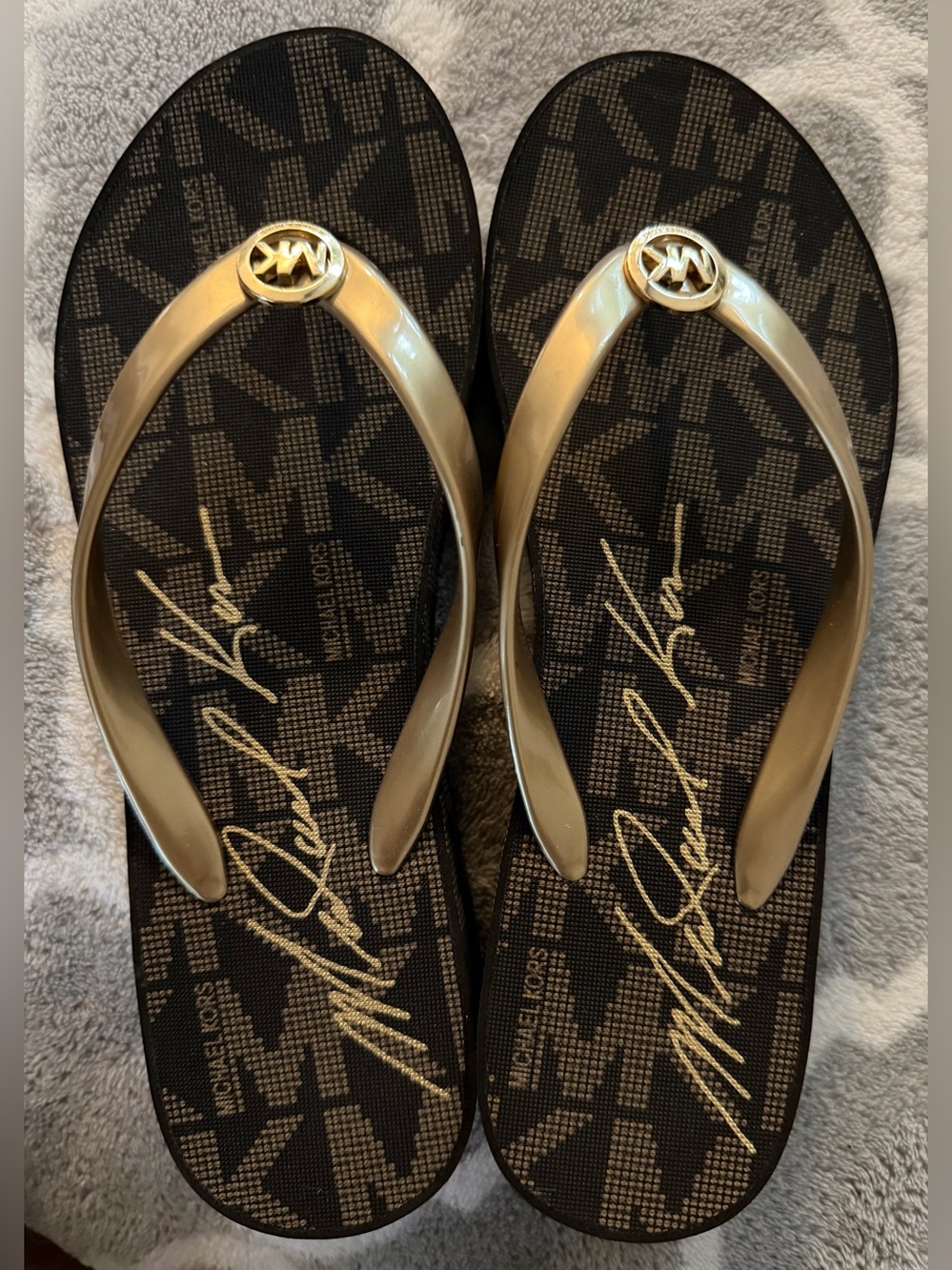 Michael Kors Black Logo Flip Flops with Gold Straps